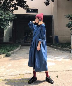 デニムワンピース | ゆるワンピース レディース デニム 長袖 レトロ風 可愛い Aラインワンピース フリーサイズ 丸首 体型カバー おしゃれ 秋 コーデ ゆったり