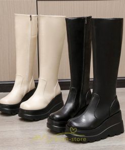 ロングブーツ | レディース ブーツ 厚底 歩きやすい 痛くない 定番 カジュアル 人気ブーツ ファスナー 黒 ブラック シンプル 美脚 おしゃれ 白 オフホワイト