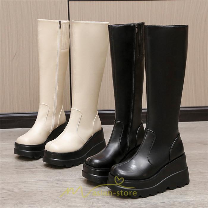 ロングブーツ | レディース ブーツ 厚底 歩きやすい 痛くない 定番 カジュアル 人気ブーツ ファスナー 黒 ブラック シンプル 美脚 おしゃれ 白 オフホワイト
