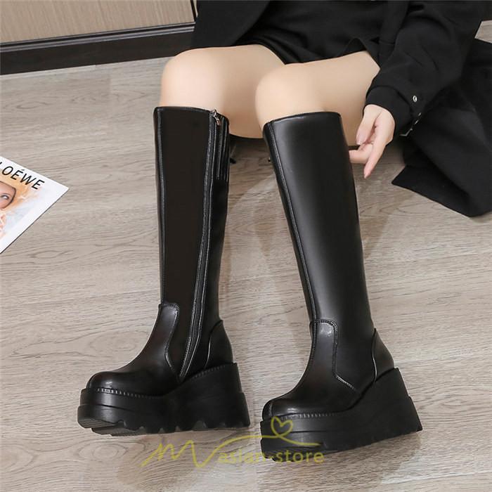 ロングブーツ | レディース ブーツ 厚底 歩きやすい 痛くない 定番 カジュアル 人気ブーツ ファスナー 黒 ブラック シンプル 美脚 おしゃれ 白 オフホワイト