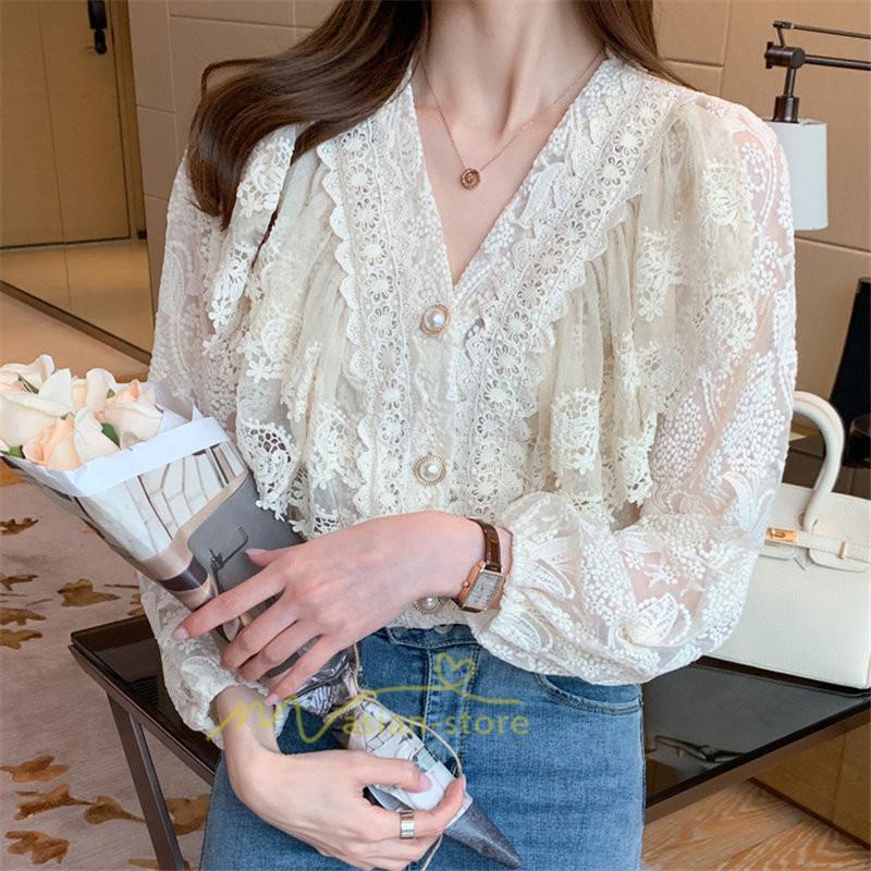 シャツ・ブラウス | ブラウス レディース きれいめ 40代 春秋 オシャレ 長袖 ブラウス レーストップス 夏物 Vネック 20代30代 着痩せ 通勤通学 着回し カジュアル 韓国ファッション
