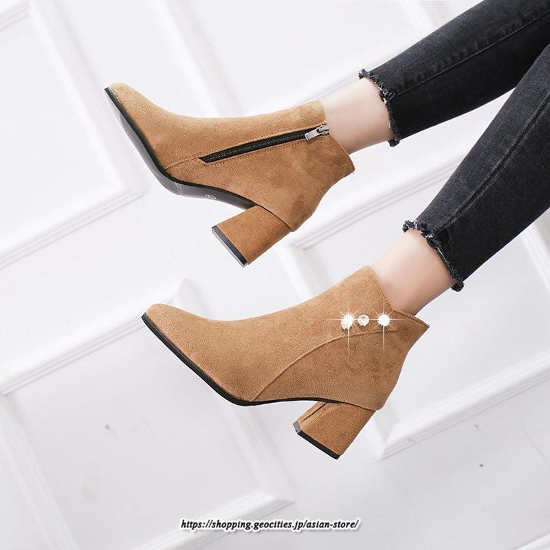 ブーツ | ショートブーティ レディース スエード調 太めヒール 靴 人工水晶 キラキラ オシャレ お出かけ デート キレイめ 通勤 20代30代40代50代