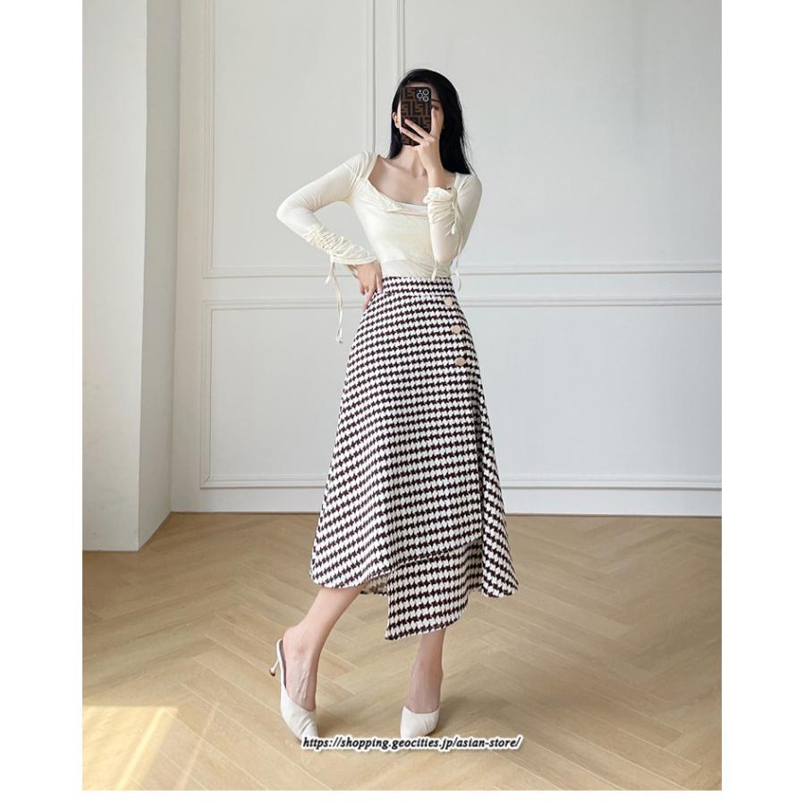 スカート | ロングきれいめ レディース ロング丈 Aライン 20代 30代 40代 50代 秋 冬 千鳥格柄 細見え 可愛い ハイウエスト お出かけ 高見え