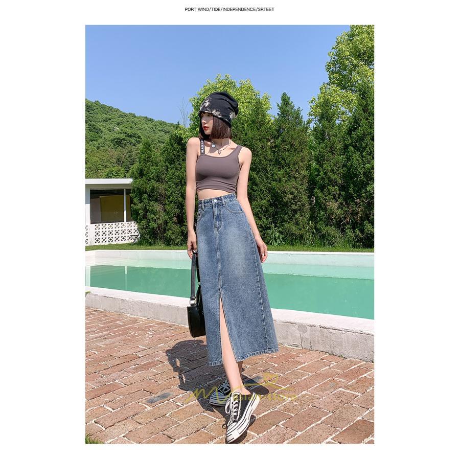 スカート | フロントスリット入れデニム秋物 レディース ロング丈 ハイウエスト タイトAライン美ライン 通学通勤 フェミニン 大人 おしゃれ