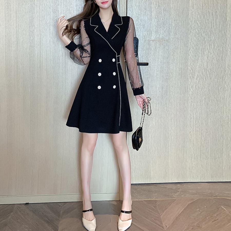 ドレス | ワンピース 黒 チュール袖ミニワンピース