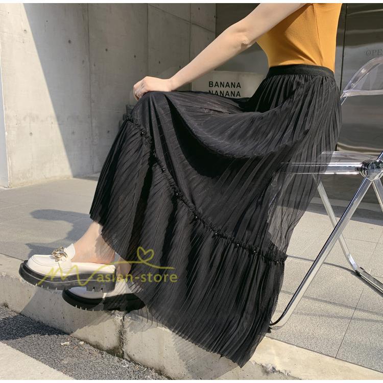スカート | レディース チュール春夏 コーデ ウエストゴム ロングフレア着痩せ 通勤 マキシ カジュアル 20代30代40代50代 プリーツ