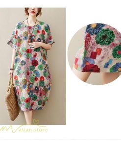 ミディアム | ミディアムワンピース レディース 膝丈 ゆるワンピース 花柄 きれいめ フリーサイズ ゆったり 半袖 麻 綿 リネン 女性着 きれいめ コットン クルーネック 着回し