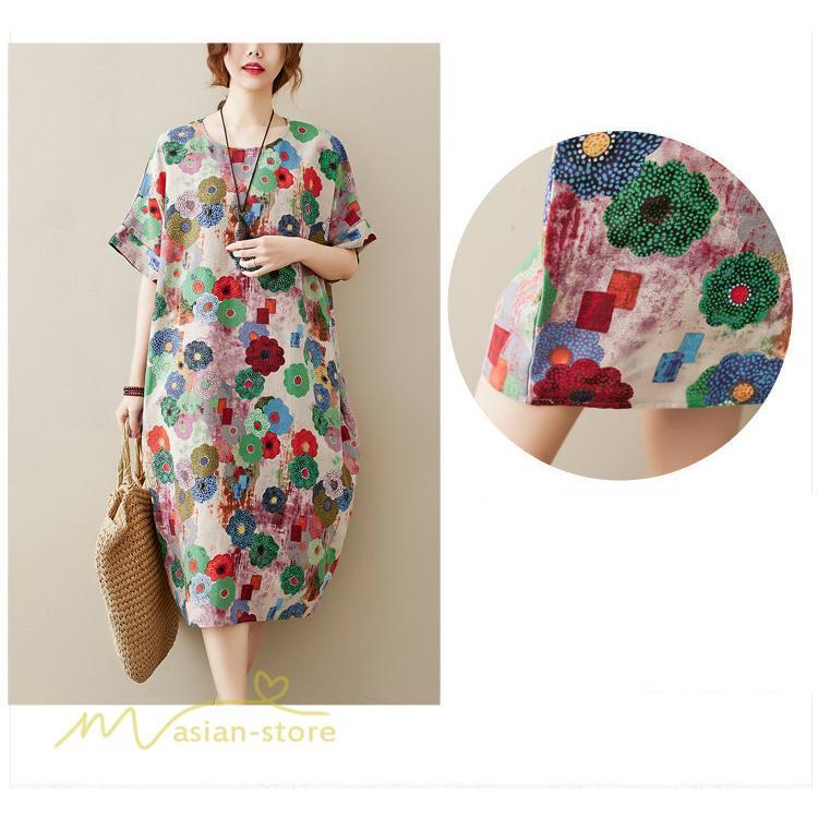 ミディアム | ミディアムワンピース レディース 膝丈 ゆるワンピース 花柄 きれいめ フリーサイズ ゆったり 半袖 麻 綿 リネン 女性着 きれいめ コットン クルーネック 着回し