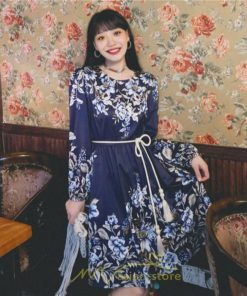 ミニ丈 | ワンピース ひざ丈 膝上 着映え 着痩せ 長袖 ゆったり 大人っぽ 普段使い 旅行 部屋着 お出かけ ベージュ 青 かわいい きれいめ 花柄 SNS映え リゾート レトロ風