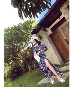 在庫ある | 短納期シフォンロングワンピース フレアビーチワンピ スリットセクシーワンピース ボヘミアワンピ ボートネック 半袖 海 エレガント 着痩せ Aライン フェミニン