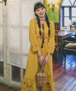 マキシ | ロングワンピース 長袖 花柄 フレア エスニック風 民族風 レトロ調 刺繍 綿麻 リゾート 旅行 レジャー お出かけ 外出 華奢魅せ 着痩せ 女子会 Vネック 同窓会