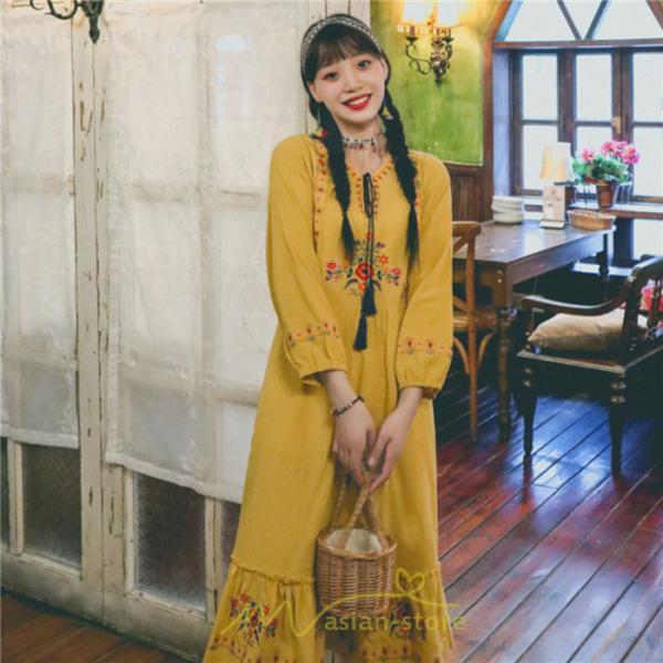 マキシ | ロングワンピース 長袖 花柄 フレア エスニック風 民族風 レトロ調 刺繍 綿麻 リゾート 旅行 レジャー お出かけ 外出 華奢魅せ 着痩せ 女子会 Vネック 同窓会
