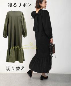 マキシ | 長袖ワンピース ロングワンピース 秋物 レディース Aラインワンピース 30代40代50代 ゆったり 切り替え 後ろリボン 送料無料 キャザー 可愛い 大人