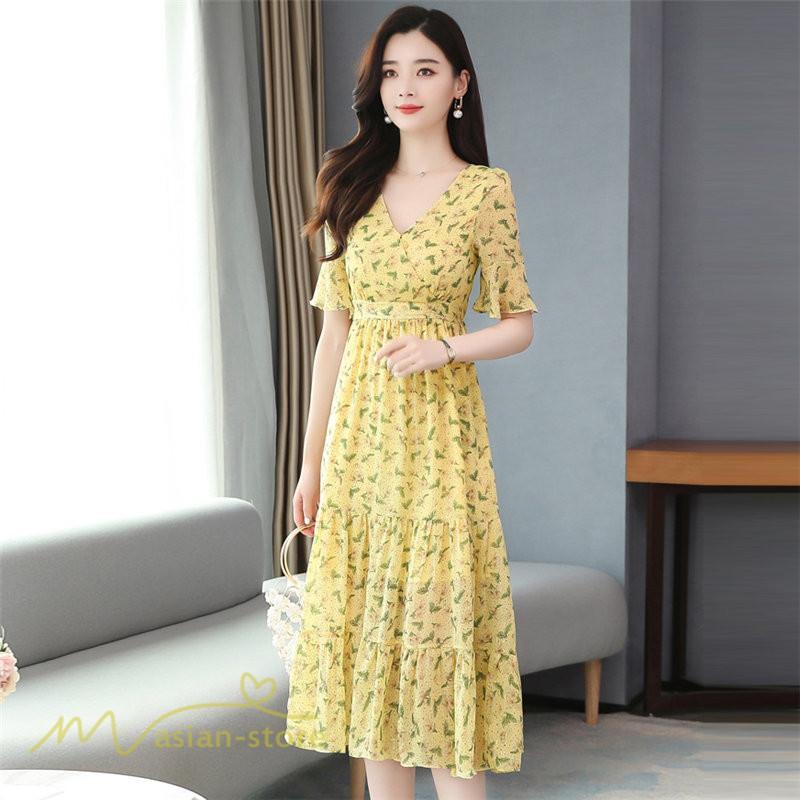 ミディアム | ワンピース Aライン レディース 着痩せ 上品 カジュアル Vネック カジュアル 春 夏 花柄 きれいめサマー ワンピース 通勤 通学 ソフト 膝丈 大人 お出かけ