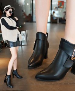 パンプス | ポインテッドトゥ ショートブーツ レディース チャンキーヒール ブーツ サイドファスナー ブーティ 太ヒール 歩きやすい