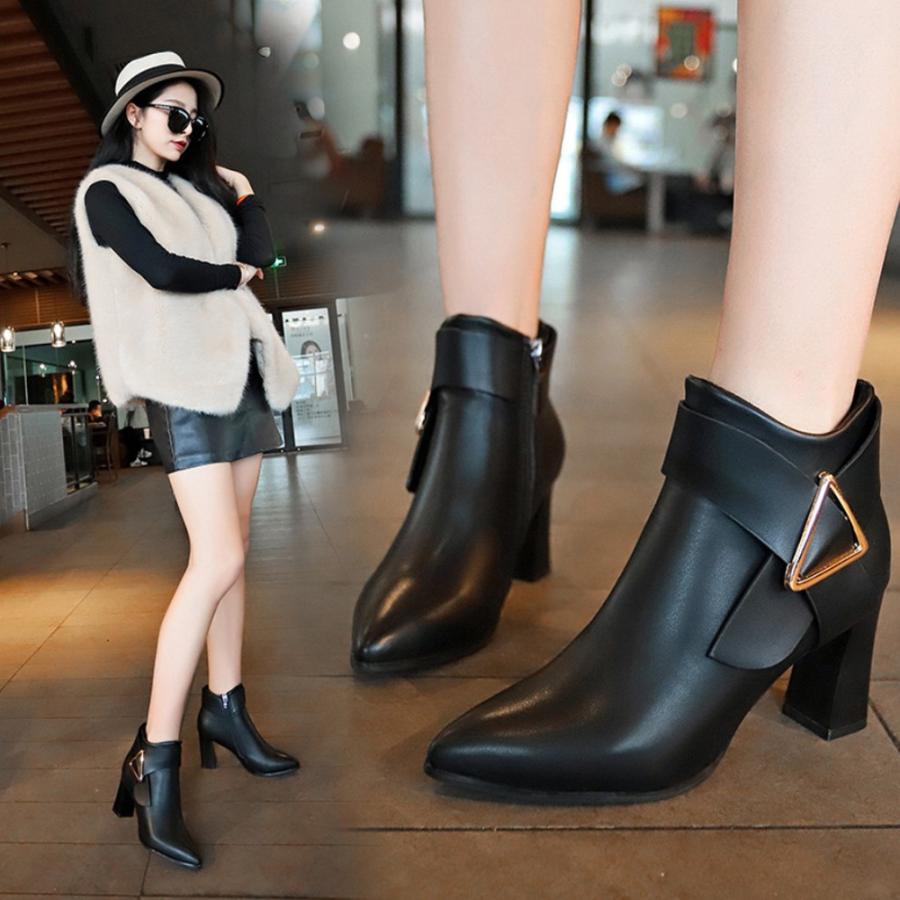パンプス | ポインテッドトゥ ショートブーツ レディース チャンキーヒール ブーツ サイドファスナー ブーティ 太ヒール 歩きやすい