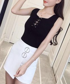 Tシャツ・カットソー | ニットキャミソール レースアップ 春夏 ノースリーブ レディース ニットビスチェ タンクトップ トップス