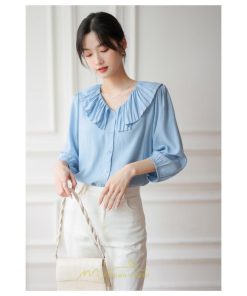 シャツ・ブラウス | ブラウス レディース シャツ おしゃれ きれいめ 七分袖ブラウス カジュアル 無地 フォーマル オフィス 夏物 エレガント Vネック ライトブルー 通勤 ビジネス
