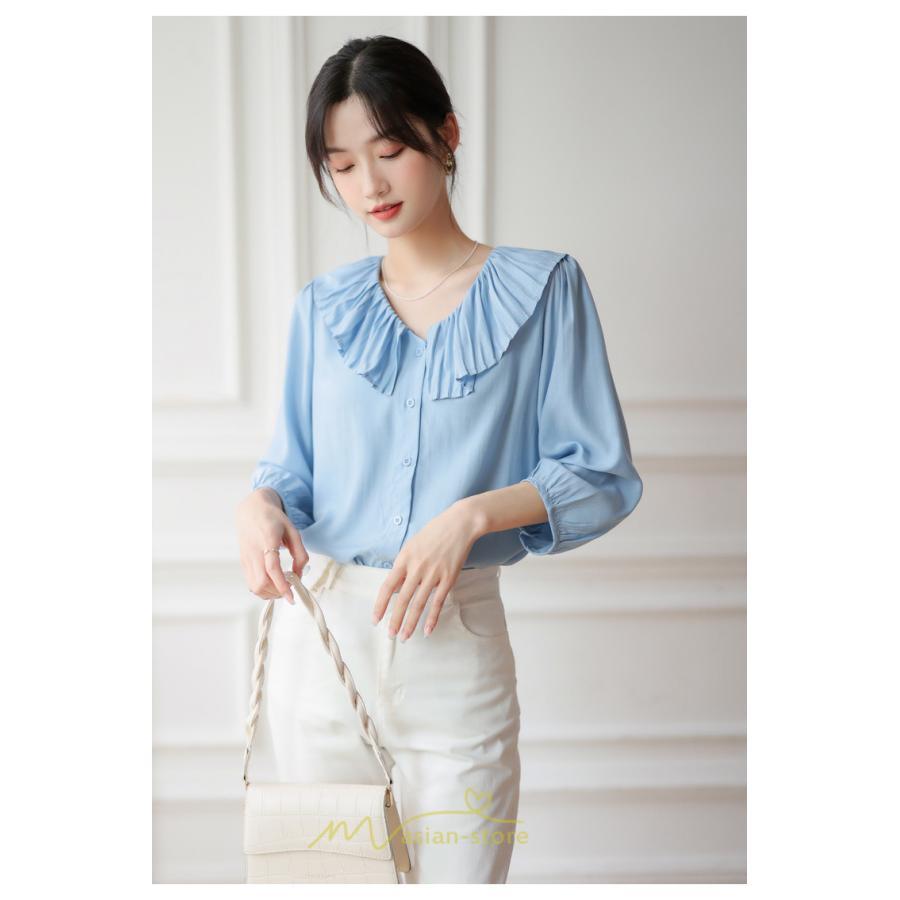 シャツ・ブラウス | ブラウス レディース シャツ おしゃれ きれいめ 七分袖ブラウス カジュアル 無地 フォーマル オフィス 夏物 エレガント Vネック ライトブルー 通勤 ビジネス