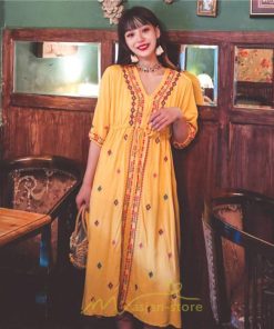 マキシ | ワンピース レディース コットン リゾート かわいい 五分袖 Ｖネック 花柄 上品 ロング丈 ファッション エスニック風 体型カバー お呼ばれ 二次会 民族風 披露宴