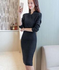 在庫ある | 短納期ニットワンピース 膝丈ワンピース タイトワンピース 長袖 インナー カットソー Vネック エレガント 着痩せ シルエット ビジネスオフィスフォーマル