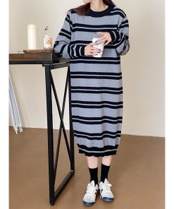ニットワンピース | ワンピース 秋冬 ロングワンピース ミモレ丈 ボーダー ゆったり 体型カバー 柔らか 大人 長袖 ニット 50代 20代30代 アウター セーター