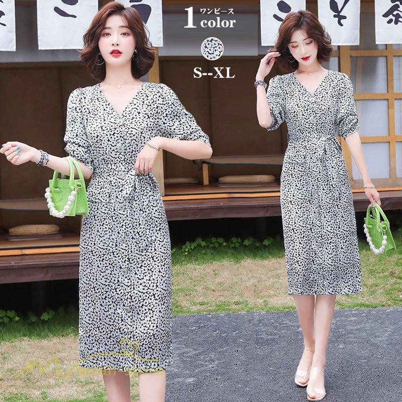 ミディアム | ワンピース レディース 着痩せ 花柄 Vネック 半袖 膝丈 サマーワンピース きれいめ エレガント 30代 40代 50代 大人 春 薄手 ひざ丈 お出かけ 上品 夏 デート