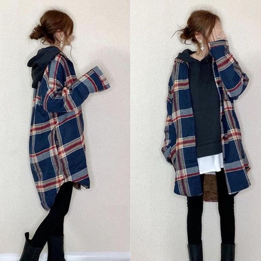 シャツ・ブラウス | チェックシャツ 裏起毛 厚手 レディース シャツ ミドル丈 シャツジャケット アウター 長袖 暖かい トップス 秋冬 ゆったり チュニック丈 チェック柄 20代 大人