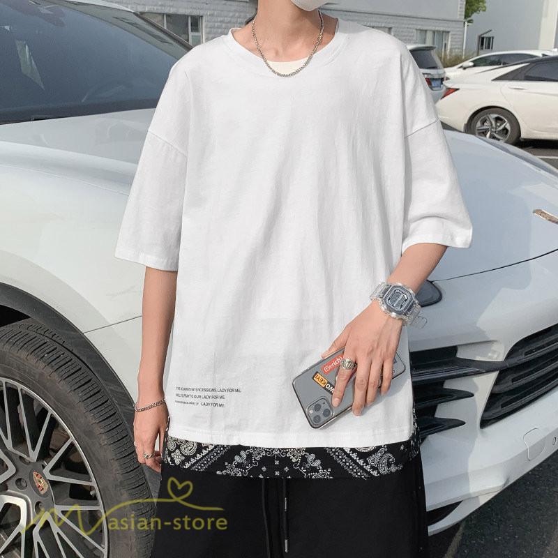 Tシャツ | Tシャツ メンズ 半袖 重ね着風 カジュアル半袖tシャツ 夏新作 メンズスタイル カットソー 上品 切り替え 2XL 大きいサイズ クルーネック 黒 白