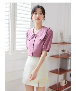 シャツ・ブラウス | ブラウス シフォン トップス レディース 白 紫 夏ブラウス シフォンブラウス 半袖 オフィス 春夏 クルーネック お出かけ 着痩せ 華奢見え フリル