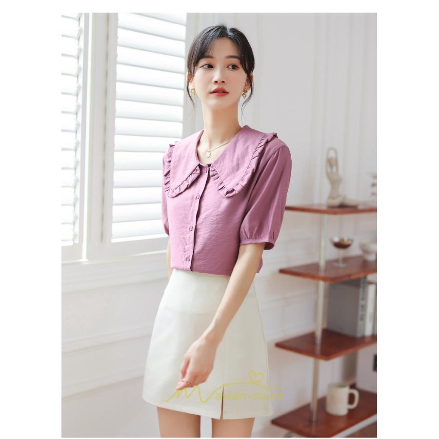 シャツ・ブラウス | ブラウス シフォン トップス レディース 白 紫 夏ブラウス シフォンブラウス 半袖 オフィス 春夏 クルーネック お出かけ 着痩せ 華奢見え フリル
