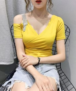 Tシャツ・カットソー | Tシャツ 肩だし クロスVネック コットン トップス 半袖 ヒョウ柄 無地 レディース スタイリッシュ 個性的 エレガント セクシー 着痩せ 気質 フェミニン