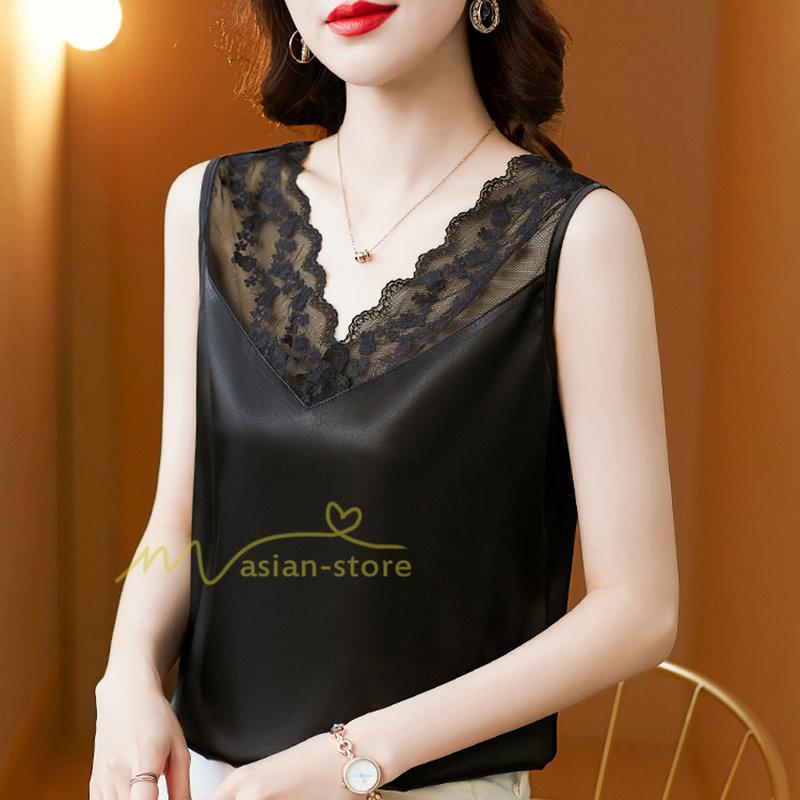 キャミソール タンクトップ | トップス タンクトップ レディース ノースリーブ Vネック Vネックタンク 20代30代40代50代 ママ 母 インナー カジュアル お出かけ カシュクール レース付き