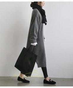 在庫ある | 短納期ロングニットワンピース ロングワンピ カットソー 長袖 トップス Vネック ゆったりセーターニット 体型カバー 通学通勤 OL ストレートニットワンピ