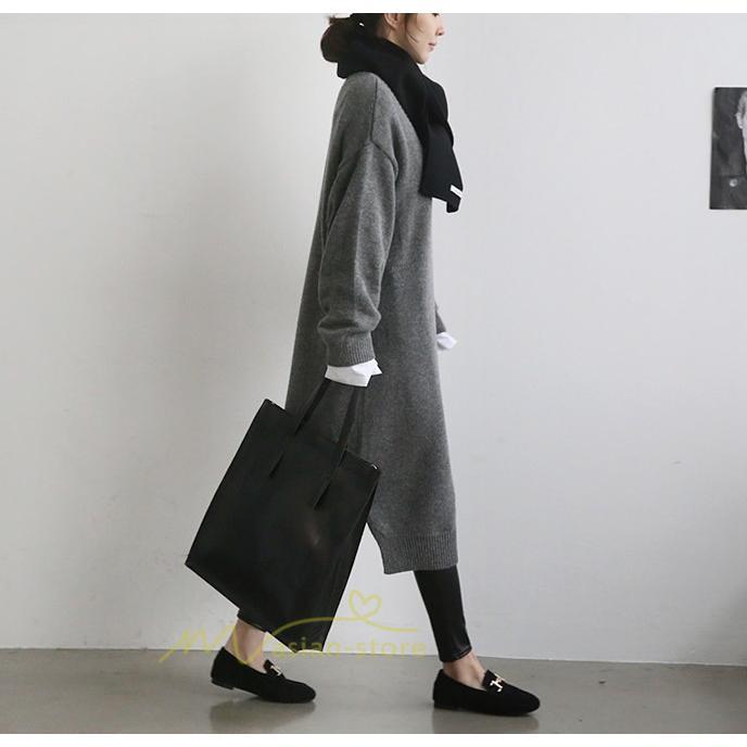 在庫ある | 短納期ロングニットワンピース ロングワンピ カットソー 長袖 トップス Vネック ゆったりセーターニット 体型カバー 通学通勤 OL ストレートニットワンピ