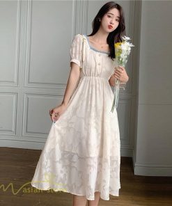 ミディアム | ワンピース レディース 着痩せ スクエアネック 上品 可愛い 半袖 ハイウエスト 透け感 Aラインワンピース 韓国風 20代 お出かけ 通勤通学 30代 きれいめ 40代