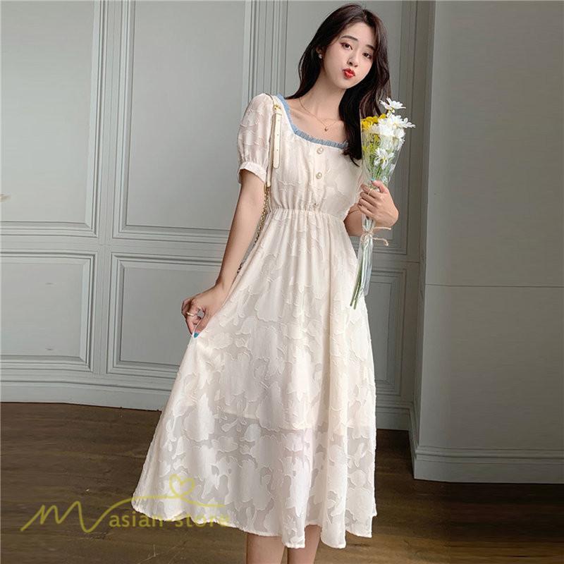 ミディアム | ワンピース レディース 着痩せ スクエアネック 上品 可愛い 半袖 ハイウエスト 透け感 Aラインワンピース 韓国風 20代 お出かけ 通勤通学 30代 きれいめ 40代