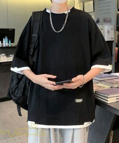 Tシャツ | メンズ 夏物 半袖 五分袖 フェイク レイヤード 重ね着風 無地 おしゃれ プルオーバー オーバーサイズ カジュアル 30代 20代 40代 ゆったり 男性着