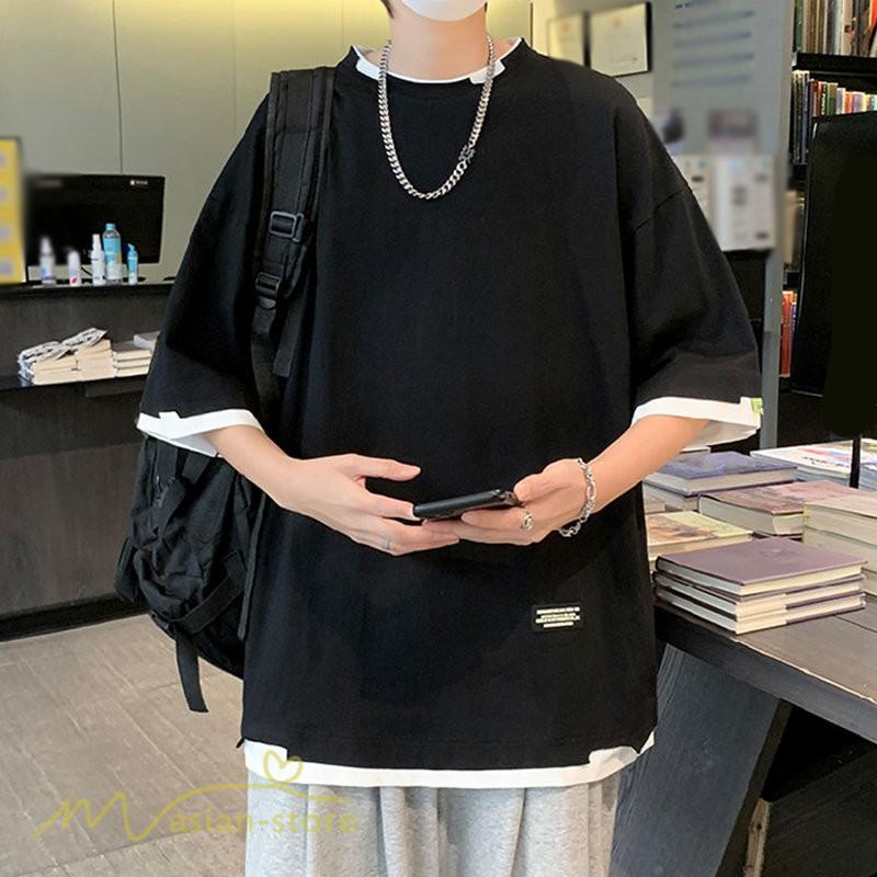 Tシャツ | メンズ 夏物 半袖 五分袖 フェイク レイヤード 重ね着風 無地 おしゃれ プルオーバー オーバーサイズ カジュアル 30代 20代 40代 ゆったり 男性着