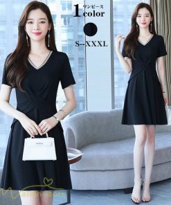 ミディアム | ワンピース Aライン レディース 着痩せ Vネック ひざ上丈 カジュアル 大きいサイズ 無地 きれいめ おしゃれ 春 夏 30代 新作 上品 サマーワンピース 40代 20代