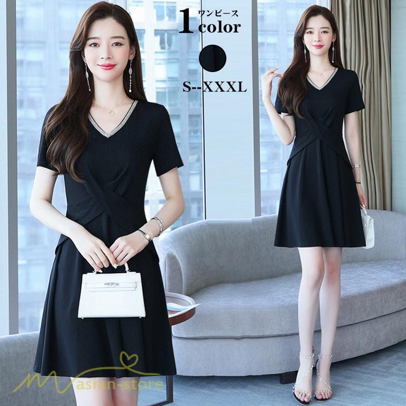 ミディアム | ワンピース Aライン レディース 着痩せ Vネック ひざ上丈 カジュアル 大きいサイズ 無地 きれいめ おしゃれ 春 夏 30代 新作 上品 サマーワンピース 40代 20代