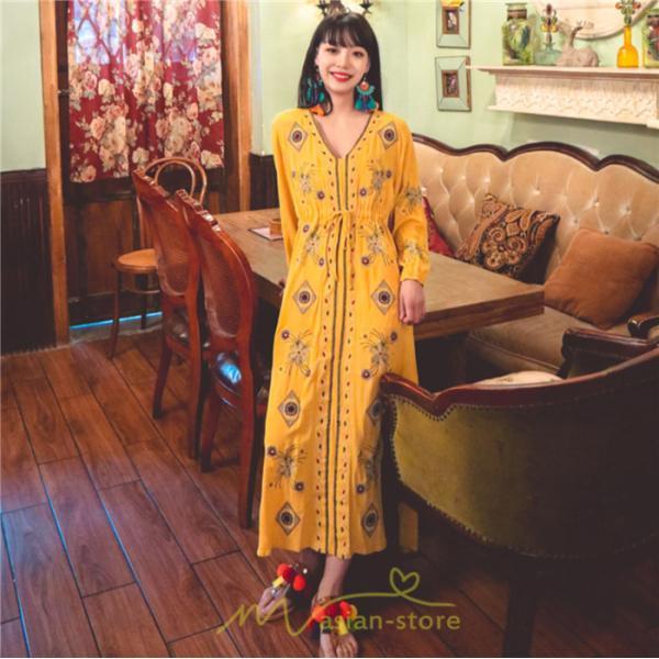 マキシ | ワンピース 長袖 レディース ロング丈 マキシ丈 綿麻 コットン リネン Aライン ゆったり 体型カバー 大人 可愛い 海外旅行 秋 夏 エスニック ナチュラル 春