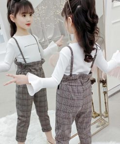（子供）その他 | ズボン 2点セット 長ズボン セットアップ トップス 長袖 子供服 キッズ チェック柄 ブラウン 女の子 ワイドパンツ