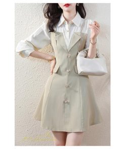 ミニ丈 | 切り替えワンピース 秋 レディース フェイク レイヤード風 ミニワンピース 膝上丈 Aラインワンピース オフィス 可愛い フォーマル エレガント シャツカラー 大人