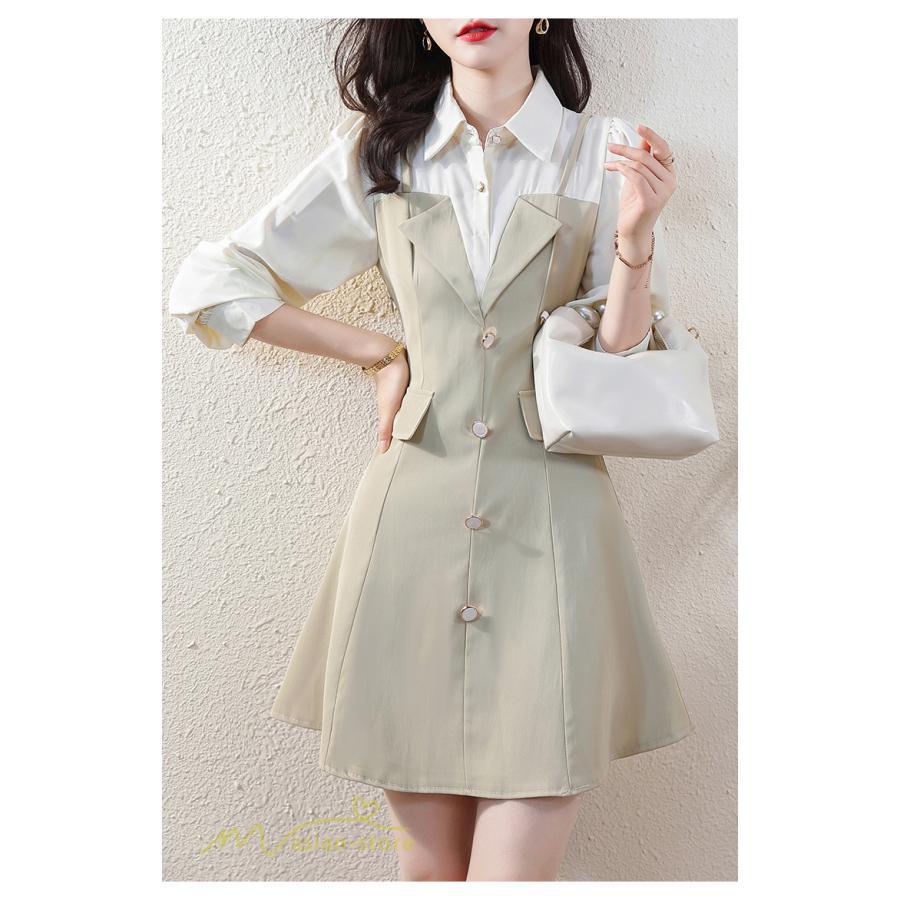 ミニ丈 | 切り替えワンピース 秋 レディース フェイク レイヤード風 ミニワンピース 膝上丈 Aラインワンピース オフィス 可愛い フォーマル エレガント シャツカラー 大人