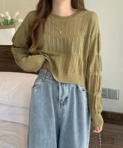 透かし編みトップス | 透かし編み 長袖ニットトップス 韓国風
