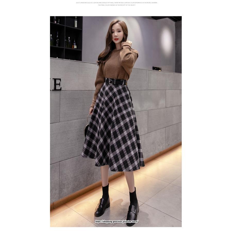 スカート | ロングミモレ レディース フレア Aライン ハイウエスト おしゃれ ゆったり ひざ下 体型カバー チェック柄 ラシャ ベルト付き 30代 20代 40代