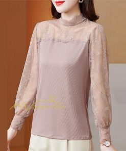 tシャツ・カットソー | カットソー レディース 長袖 春 シャツ 異素材 切り替え レース付き 透け感 20代30代40代50代 ハイネック インナー 着痩せ お出かけ カジュアル カシュクール