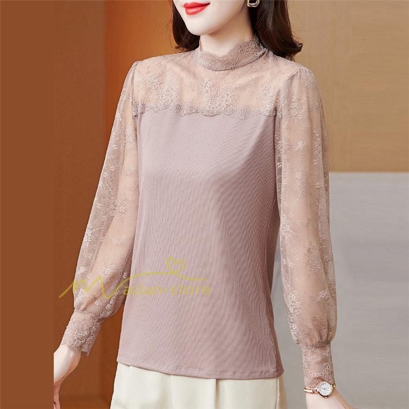tシャツ・カットソー | カットソー レディース 長袖 春 シャツ 異素材 切り替え レース付き 透け感 20代30代40代50代 ハイネック インナー 着痩せ お出かけ カジュアル カシュクール