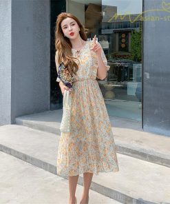 ミディアム | ワンピース プリーツフレア フェミニン Aライン リボンデザイン 小花柄 リゾートワンピ ウエストゴム ハイウエスト 2020新制作 ピンタック 夏コーデ 薄手